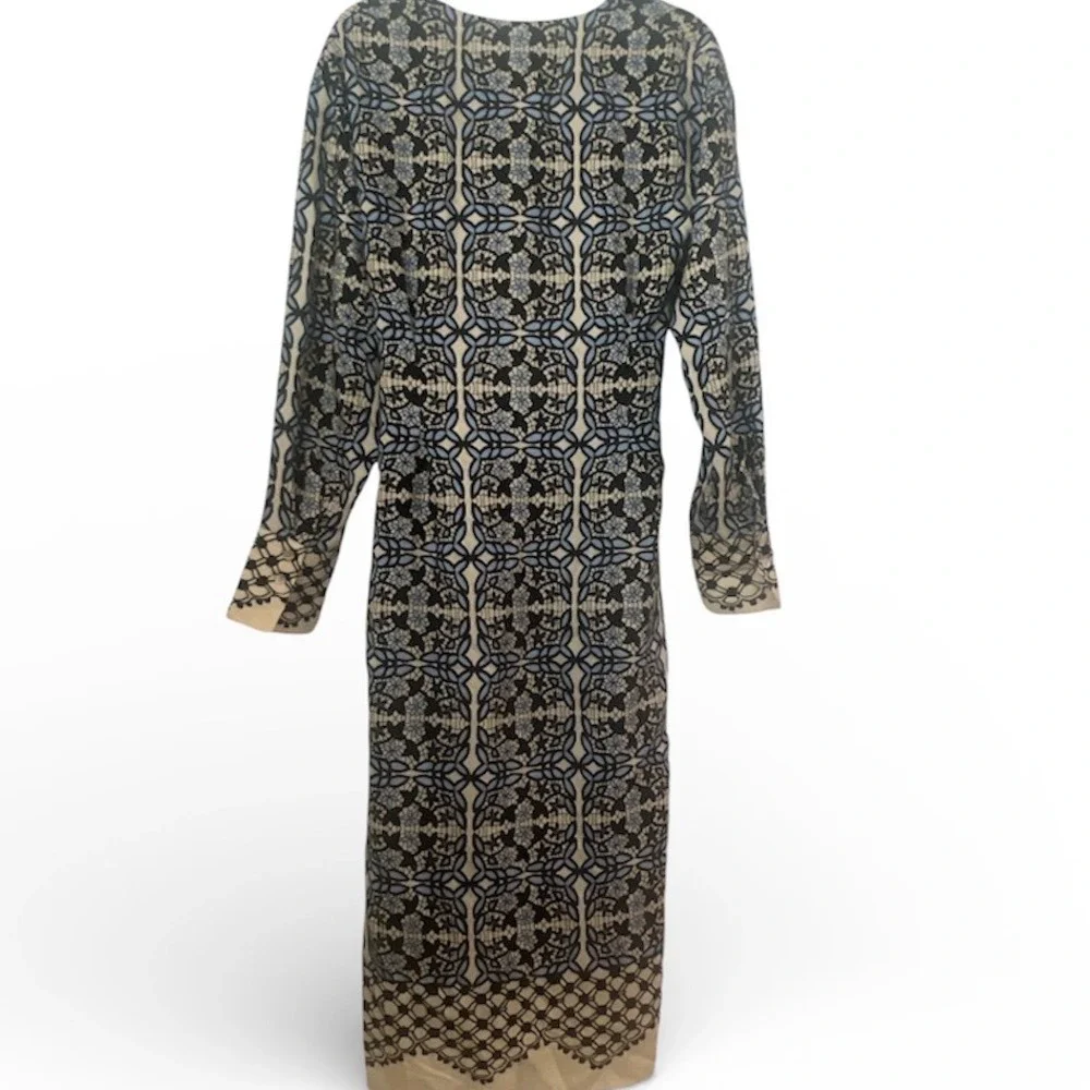 GOEN.J Silk Geometric‎ Floral Tile Print Midi Dress Blue Black Cream US 8